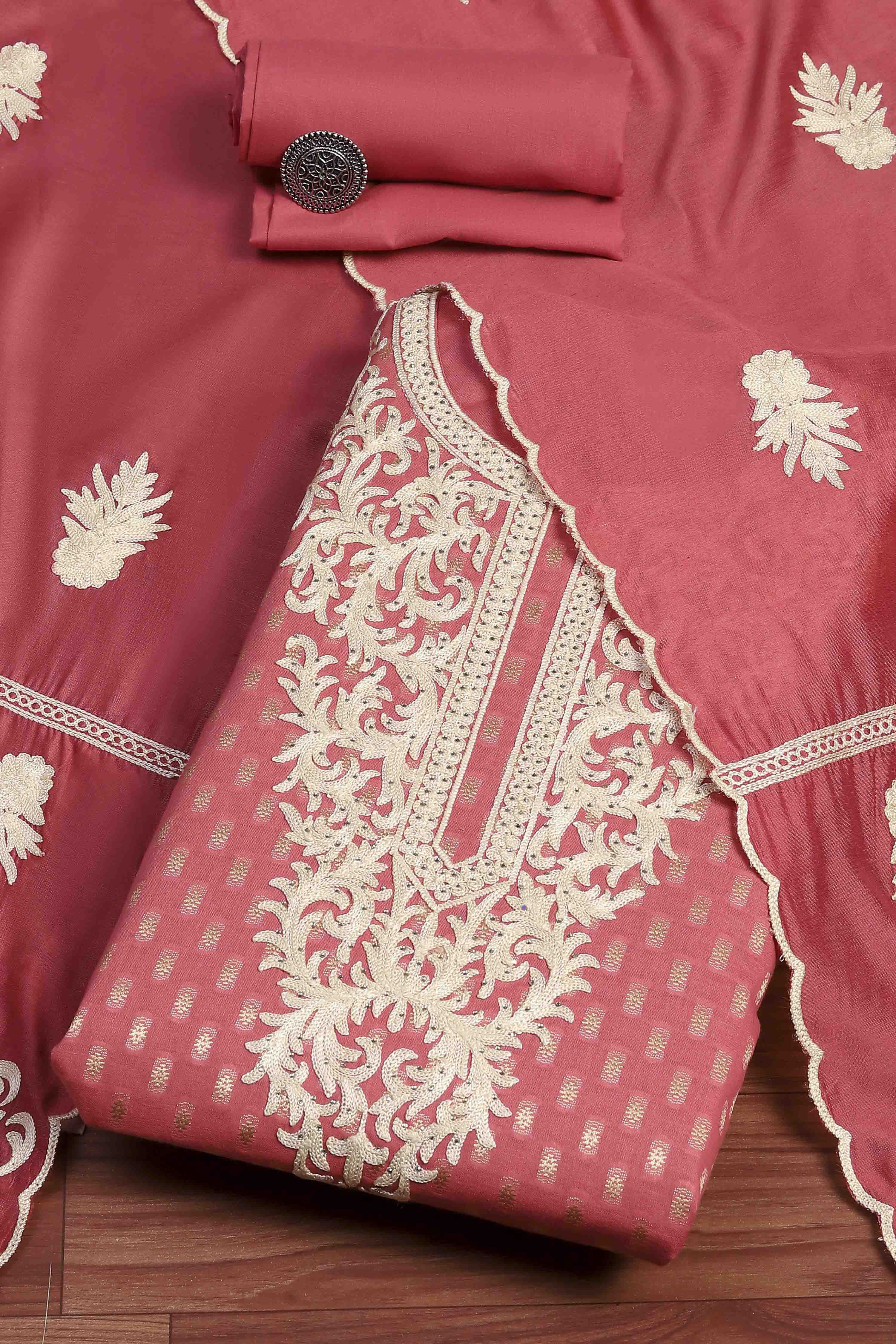 Peach Cotton Blend Thread Embroidered Unstitched Suit Set