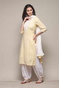 Yellow Cotton Blend Machine Embroidered Unstitched Suit Set image number 7