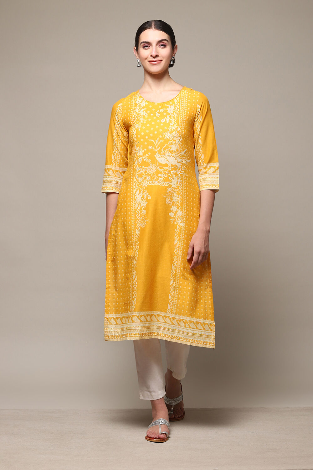 Yellow Cotton Straight Printed Kurta image number 5