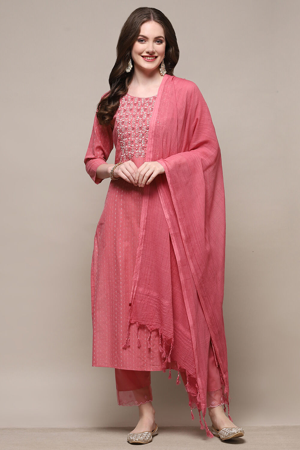 Peach-Colored Cotton Embroidered Unstitched Suit set image number 8