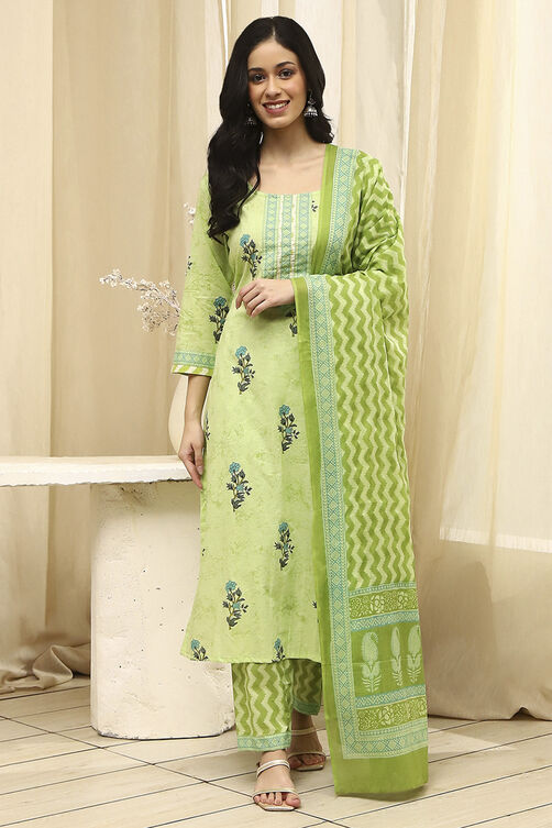 Pink Cotton Screen Print Unstitched Suit Set image number 4