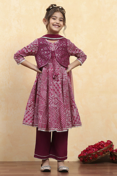 Purple Cotton Printed Anarkali Suit Set image number 7