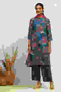 Teal Blue Printed A-Line Suit Set image number 6