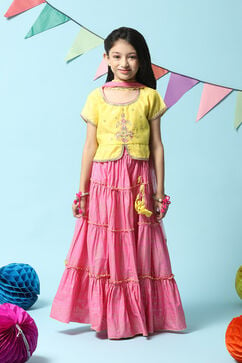 Yellow & Pink Cotton Blend Short Top Lehenga Set image number 7