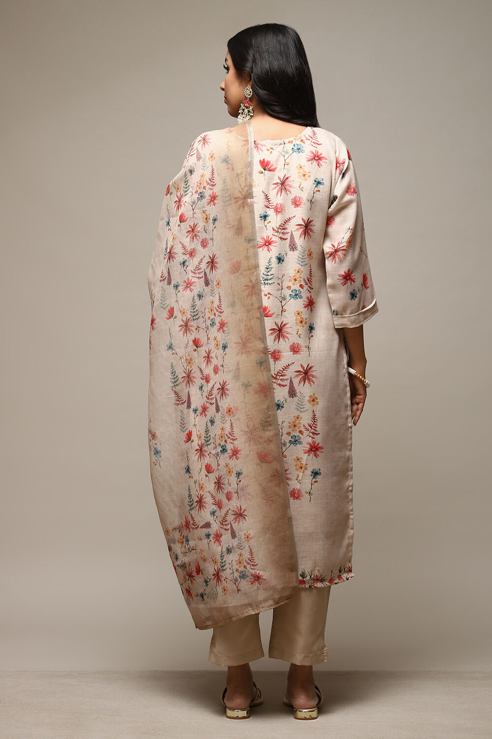 Cream Linen Digital Print Unstitched Suit Set image number 13