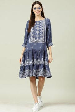 Blue Cotton Flared Fusion Dress image number 5