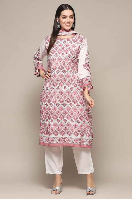 White Green Muslin Unstitched Suit set image number 1