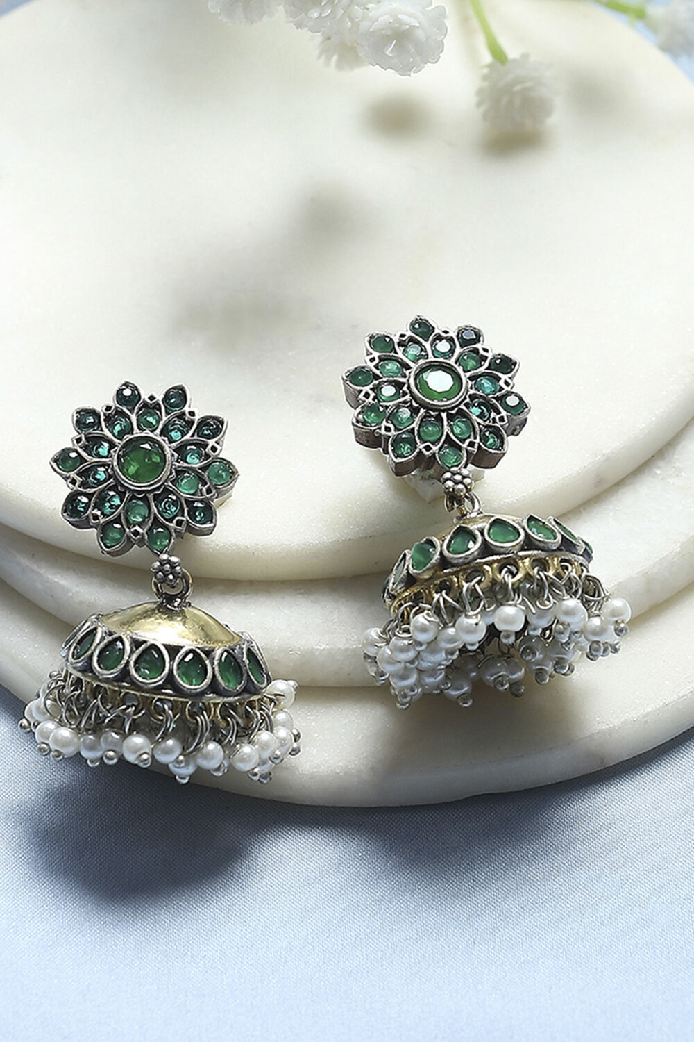 Green Stone-Studded Oxidised Jhumkas image number 0