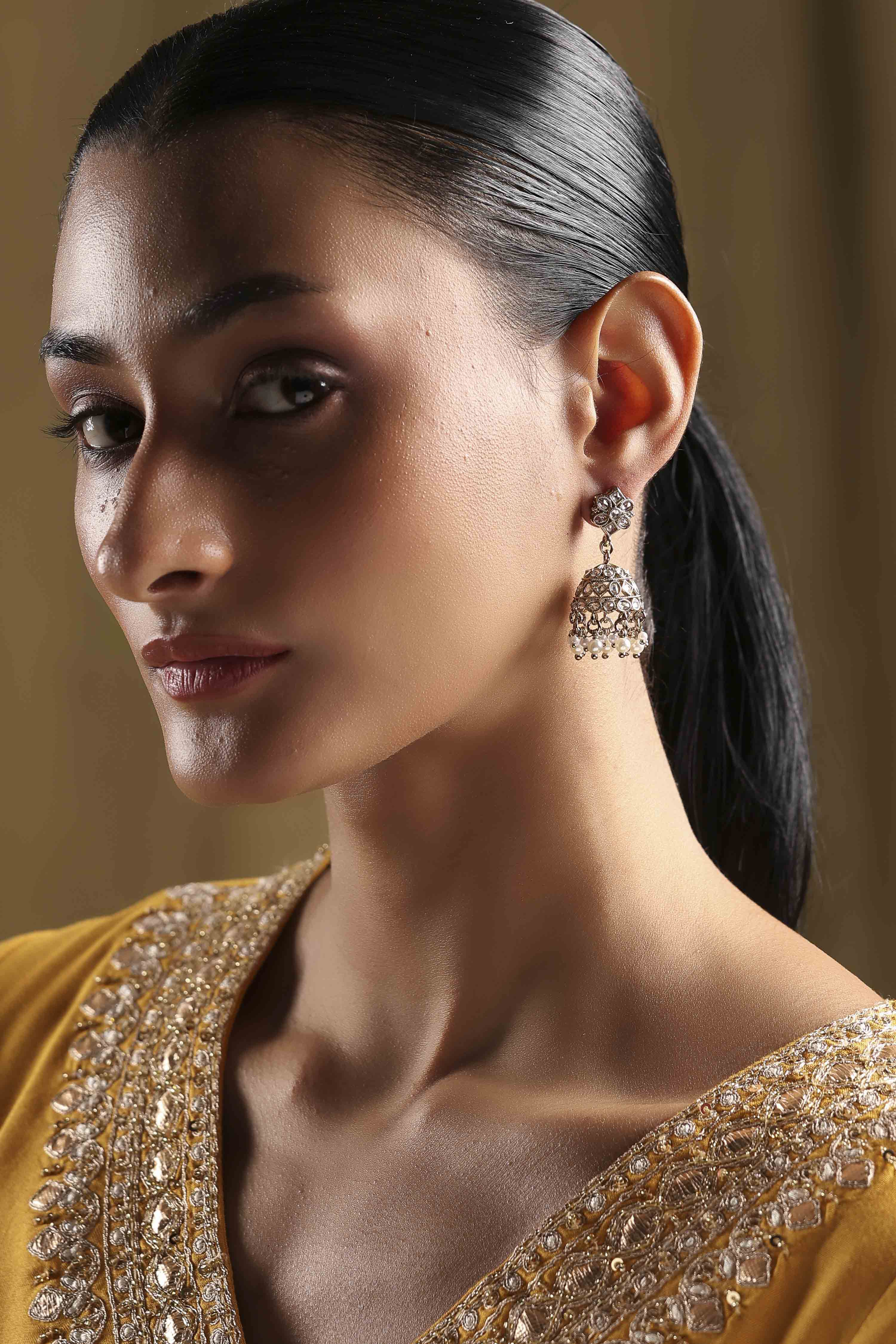 White Gold Plated Alloy Studded Jhumkas image number 3