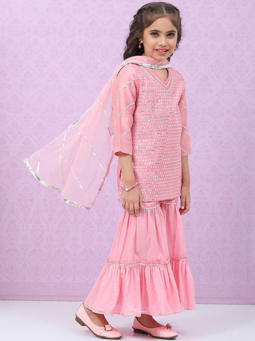 Pink Art Silk Straight Kurta Sharara Suit Set image number 6