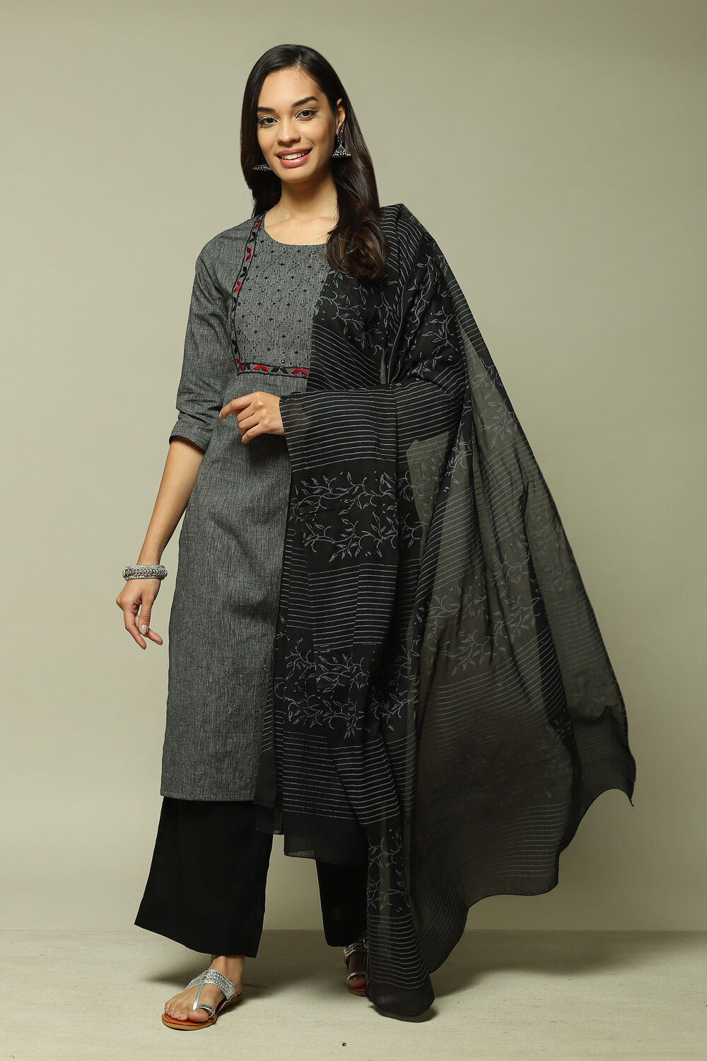Dark Grey Cotton Machine Embroidered Unstitched Suit Set image number 0