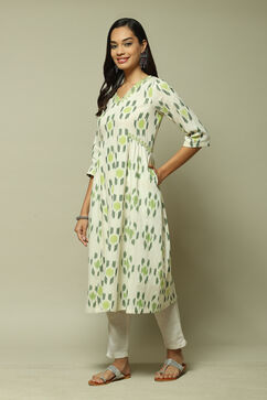 Off-White & Green Cotton IKAT Flared Yarndyed Kurta image number 1