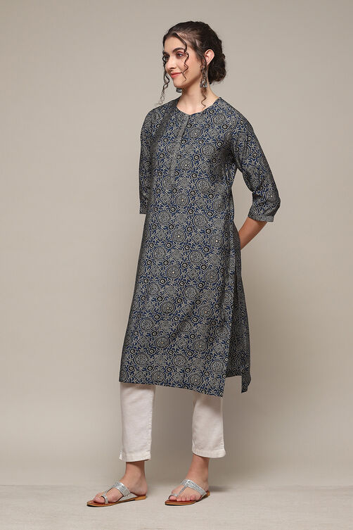 Indigo Poly Viscose Straight Printed Kurta image number 2