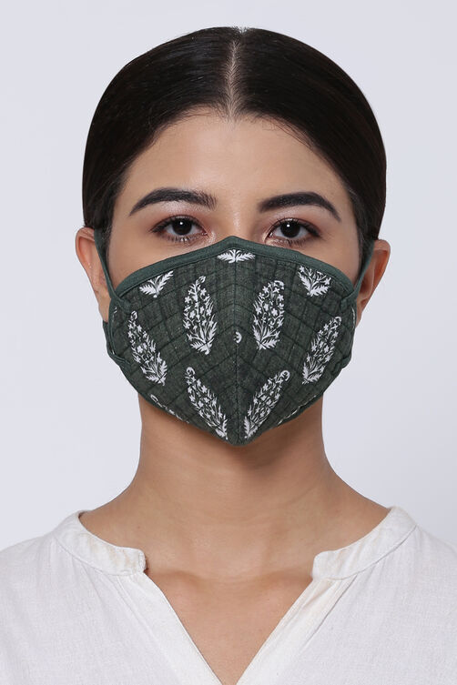 Green Cotton Flax Printed Face Mask image number 0