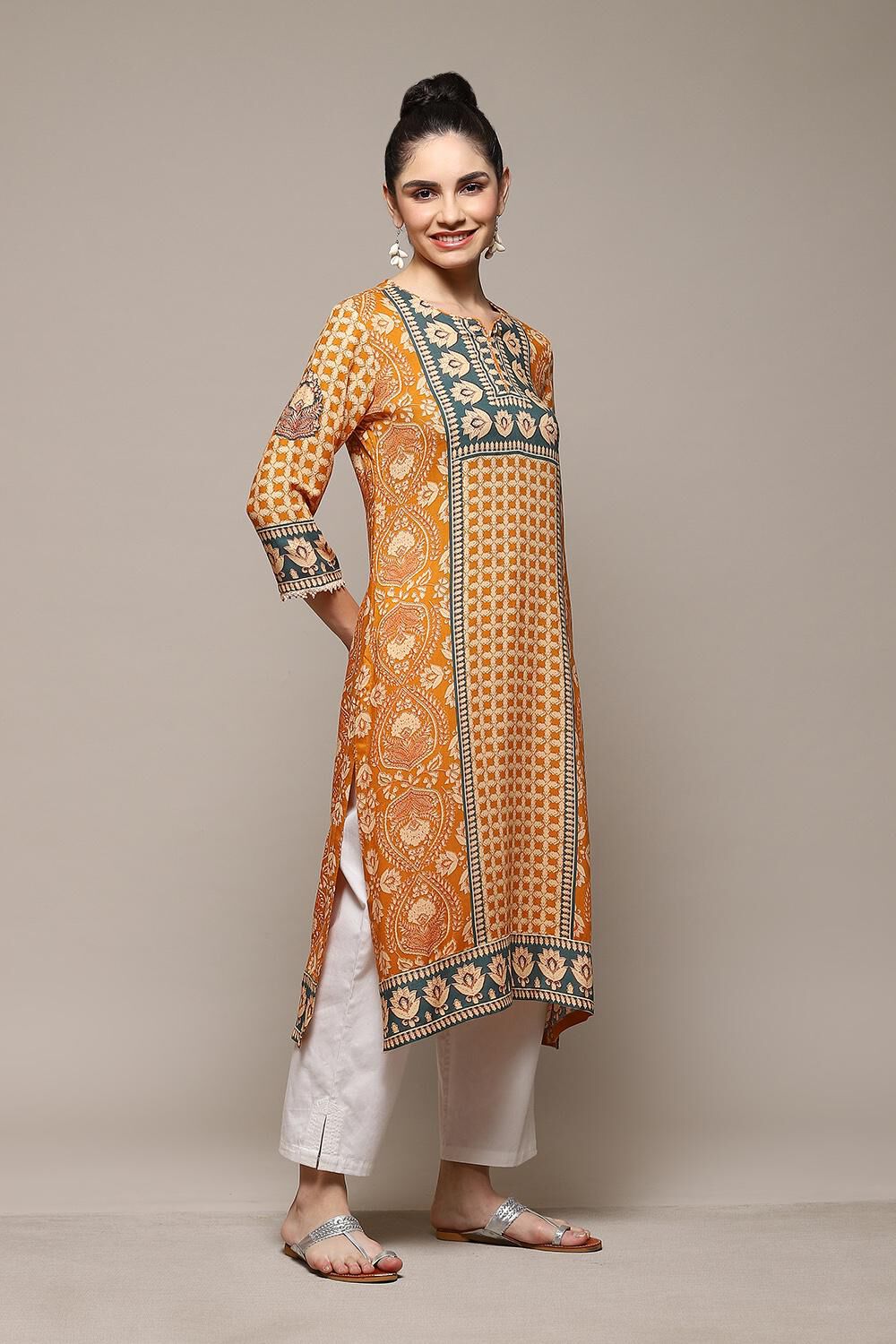 Burnt Orange LIVA Straight Printed Kurta image number 3