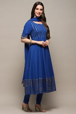 Blue Cotton Blend Anarkali Kurta Churidar Suit Set image number 6
