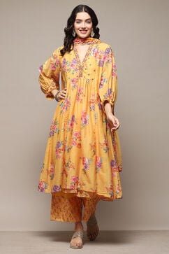 Yellow Poly Viscose A-Line Printed Kurta Palazzo Suit Set image number 7