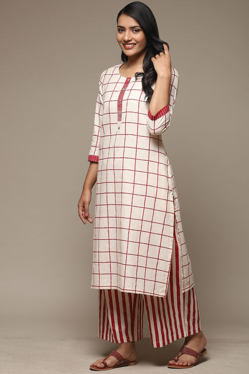 Natural & Berry Cotton Blend Straight Kurta Palazzo Suit Set image number 3