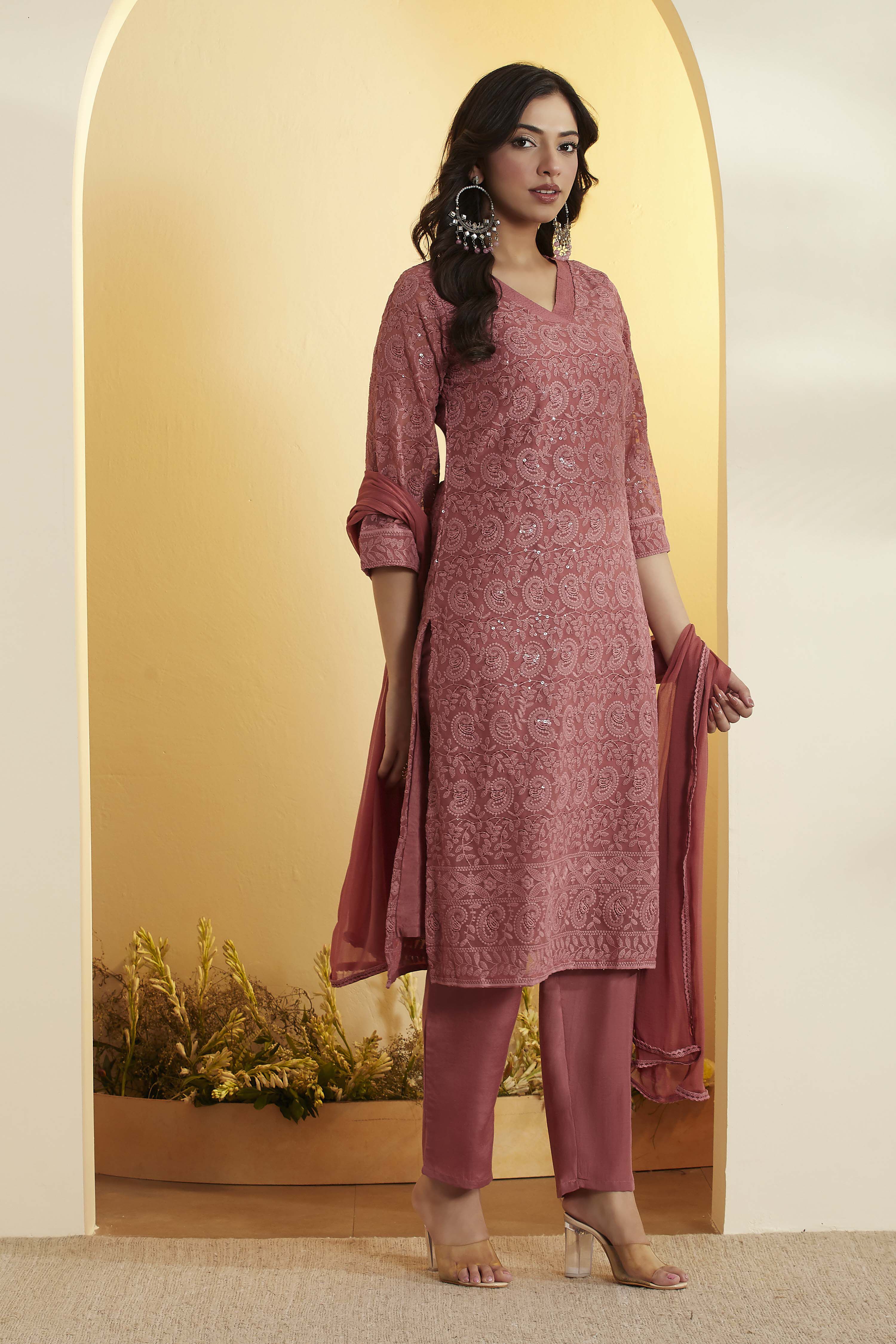 Dusty Rose Printed Straight Kurta Set image number 4