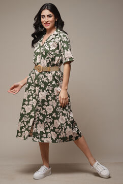 Forest Green Cotton Straight Printed Dress image number 1