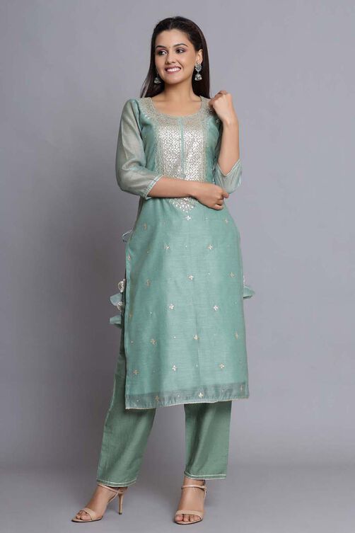 Green Unstitched dress material Suit Set image number 3