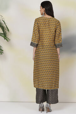 Yellow And Black Art Silk Straight Kurta Palazzo Suit Set image number 7