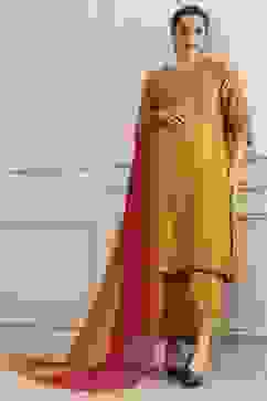 Mustard Yellow Cotton Embroidered Kalidar Suit Set image number 0