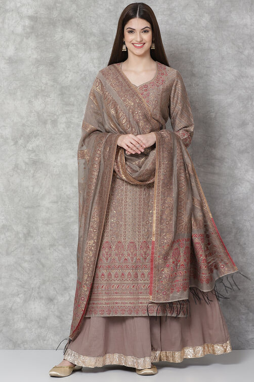 Grey Metallic Cotton Straight Kurta Sharara Suit Set image number 0