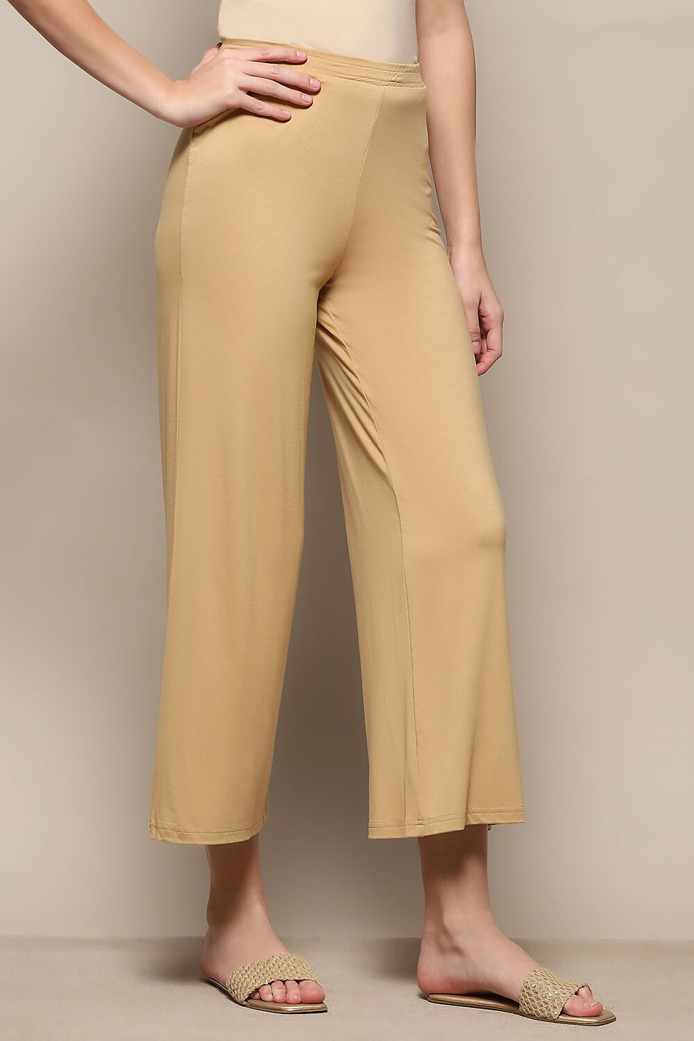 Beige Viscose Blend Solid Palazzo image number 3