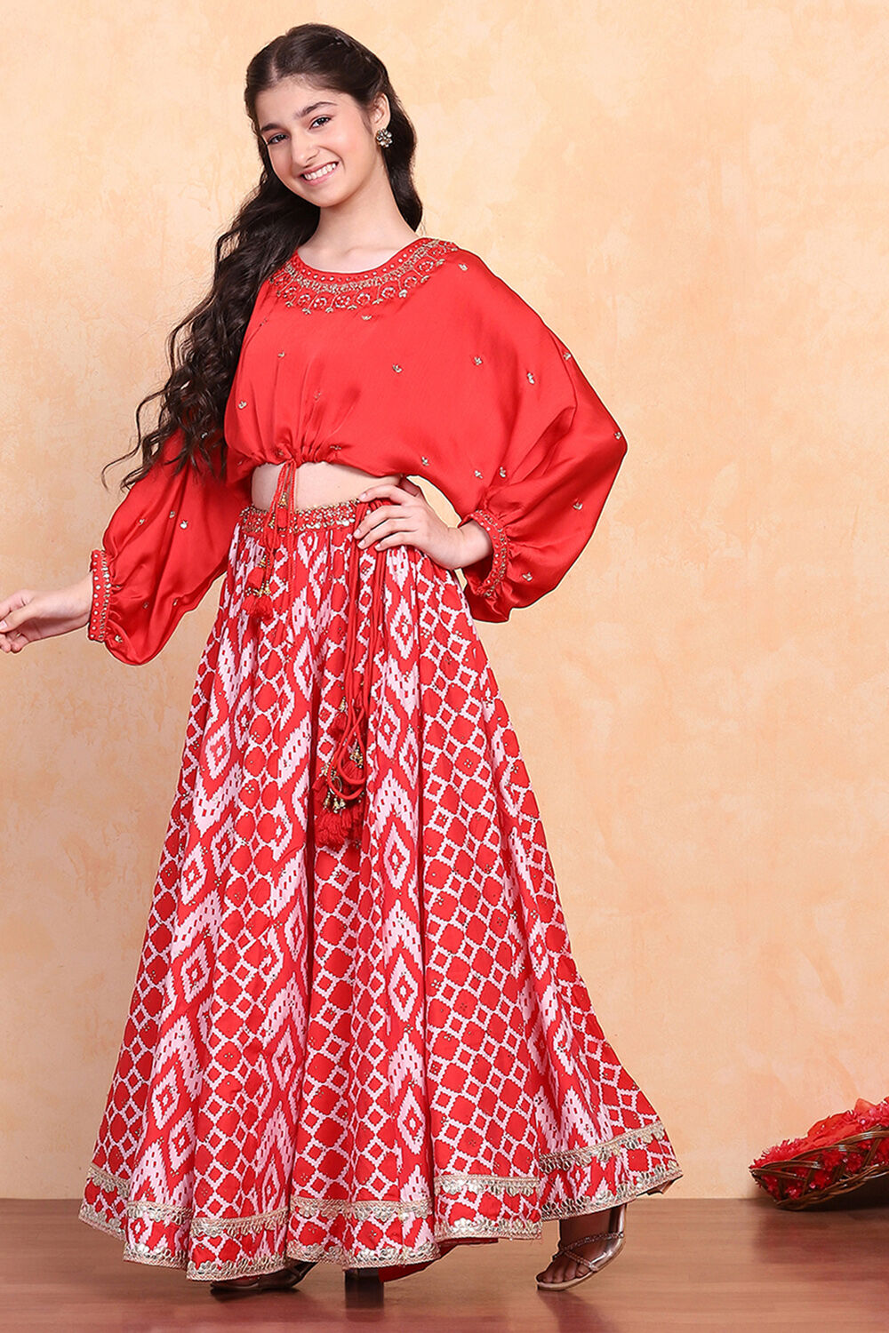 Red Printed Fusion Flared Lehenga Set image number 3