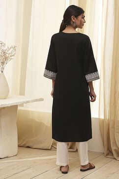 Black Cotton Straight Embroidered Kurta image number 3