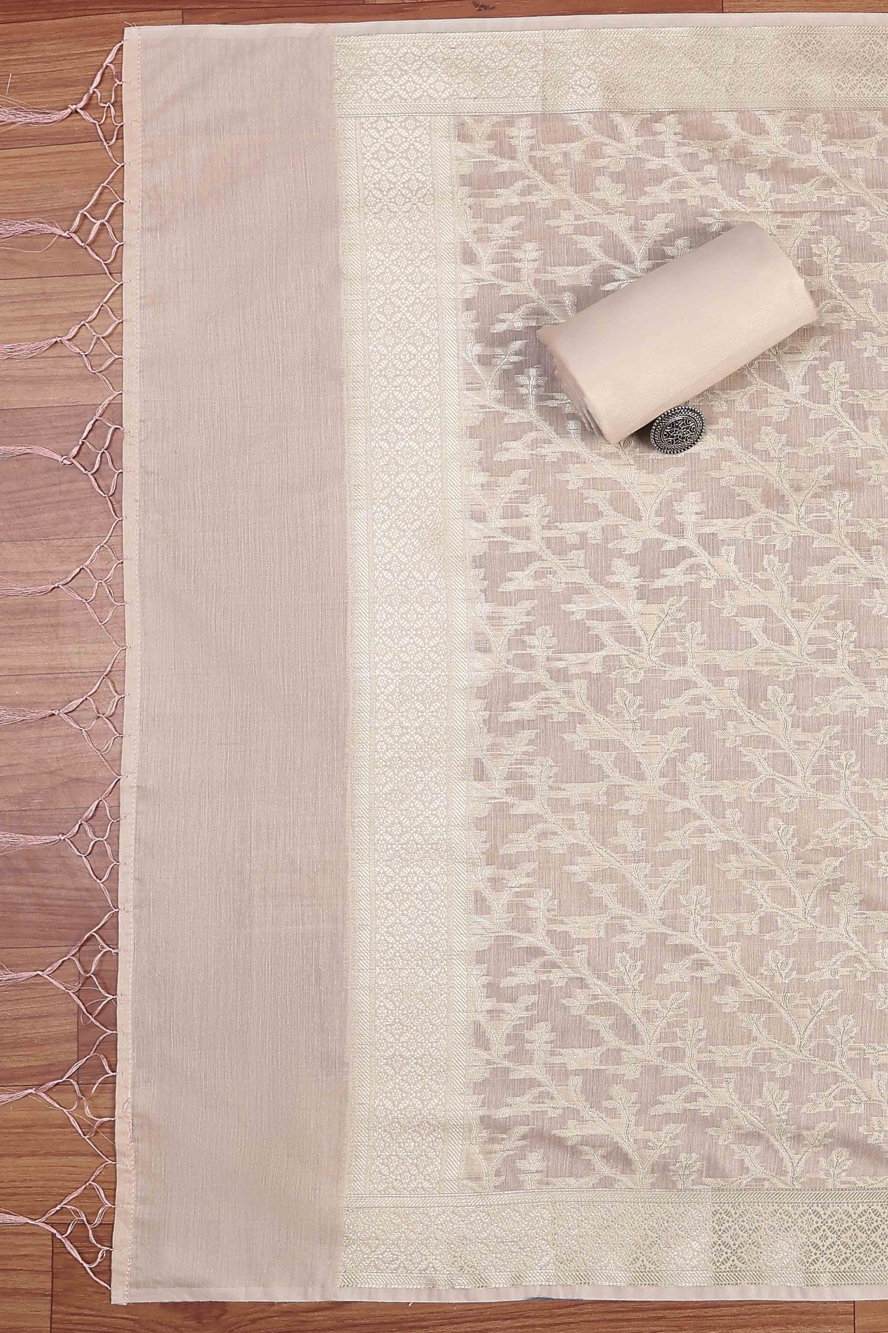 Light Pink Chanderi Ethnic Motif Unstitched Suit Set image number 3