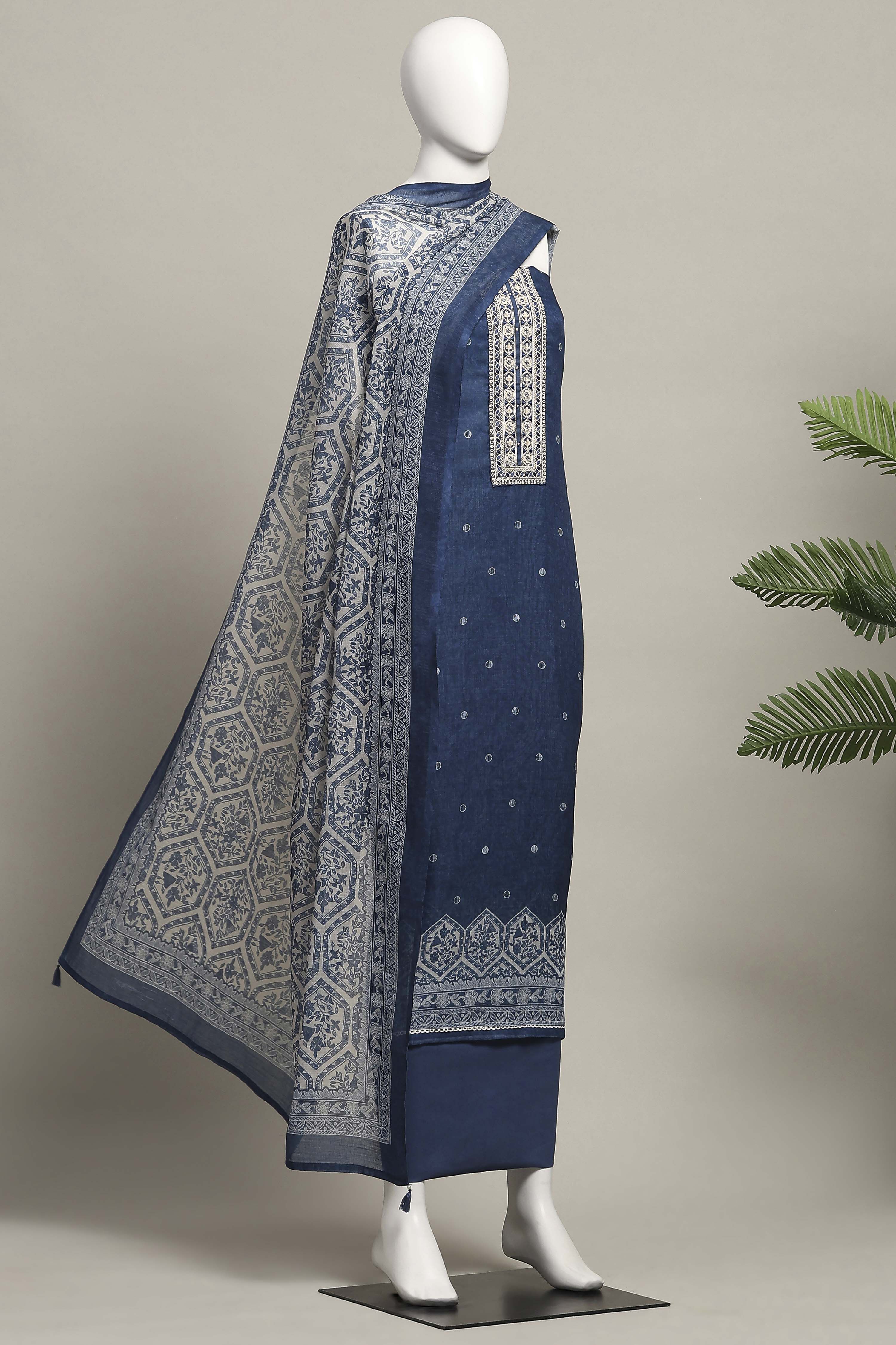 Beige Linen Booti Print Unstitched Suit Set image number 4