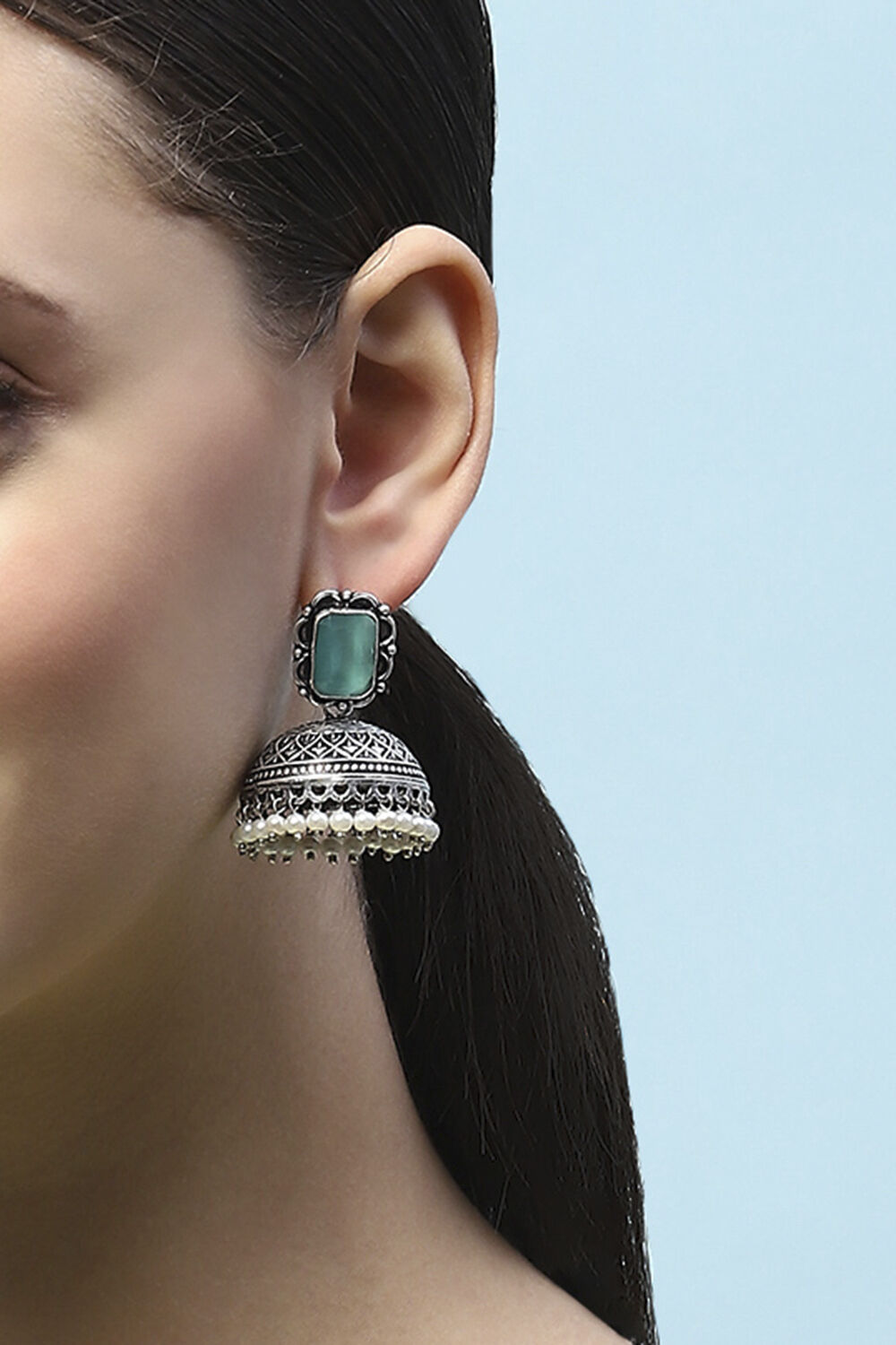 Mint Green Oxidised Stone Studded Jhumkas image number 3