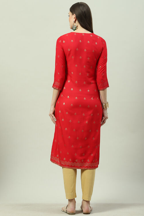 Red LIVA Straight Printed Kurta image number 4