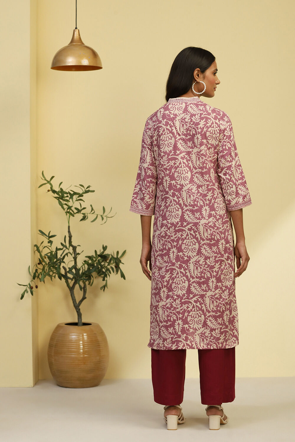 Purple Cotton Printed Straight Kurta image number 3