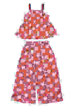 Red Printed Cotton Strappy Top and Flare Pants Set image number 3