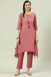 Yellow Solid Asymmetric Kurta Slim Pants Suit Set image number 0