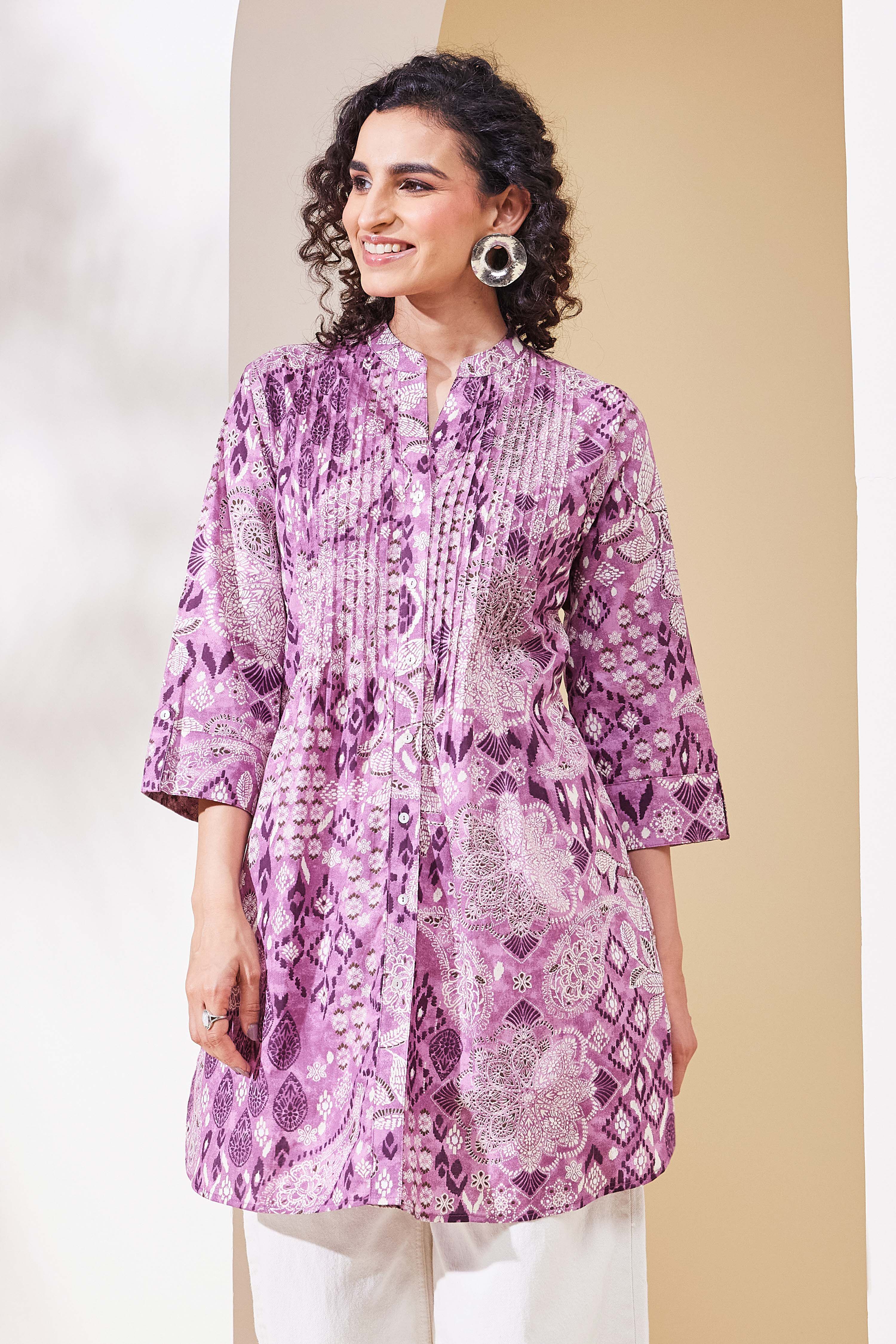 Purple Cotton Printed A-Line Kurta image number 5