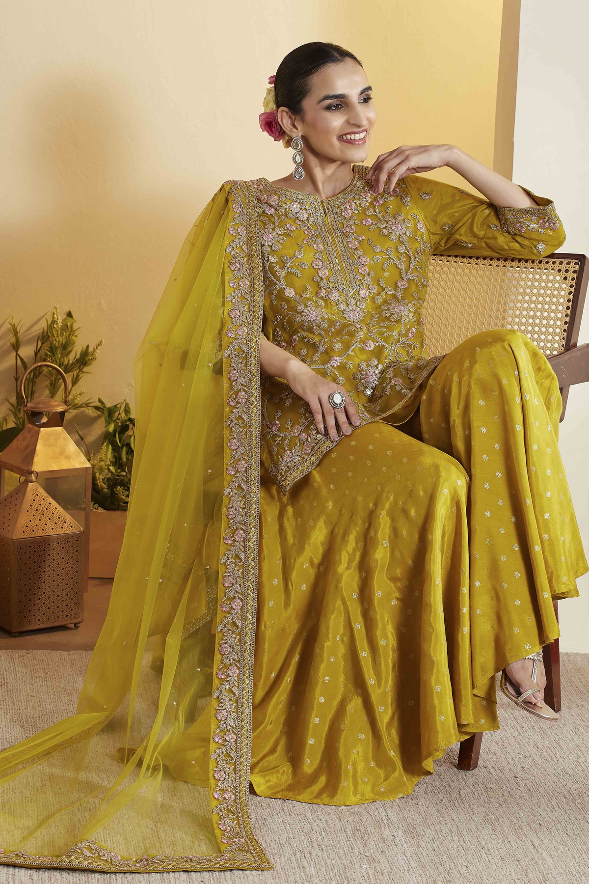 Green Nylon Straight Suit Set