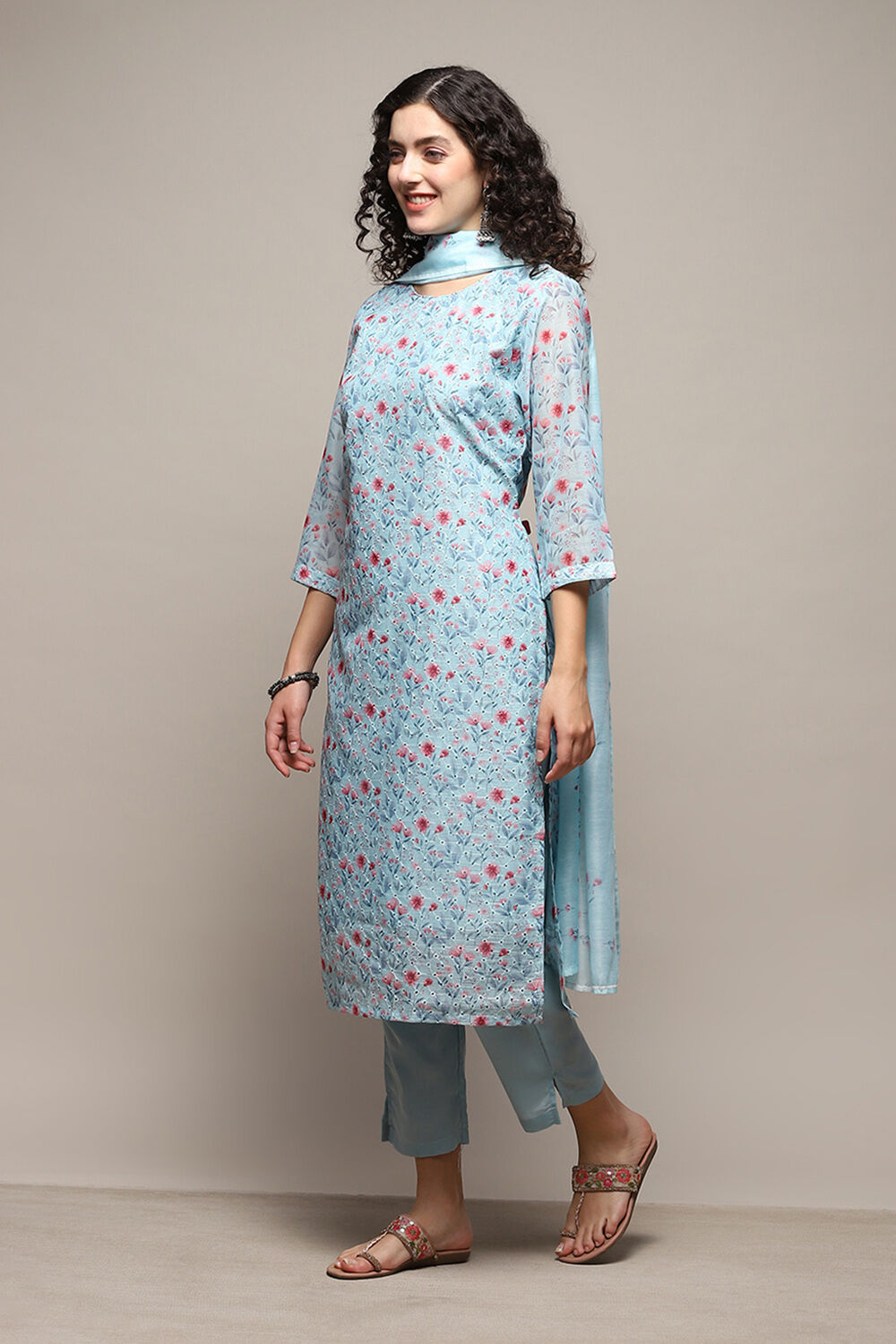 Blue Linen Blend Unstitched Suit Set image number 5