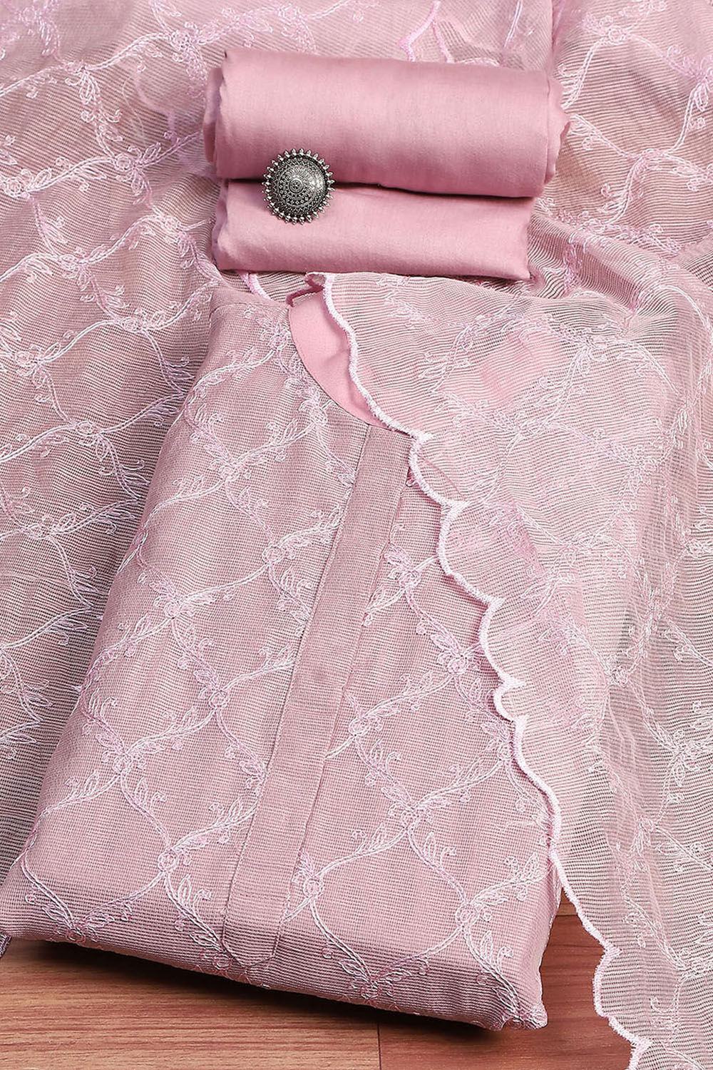 Grey Floral Thread Work Unstitched Suit Set image number 0