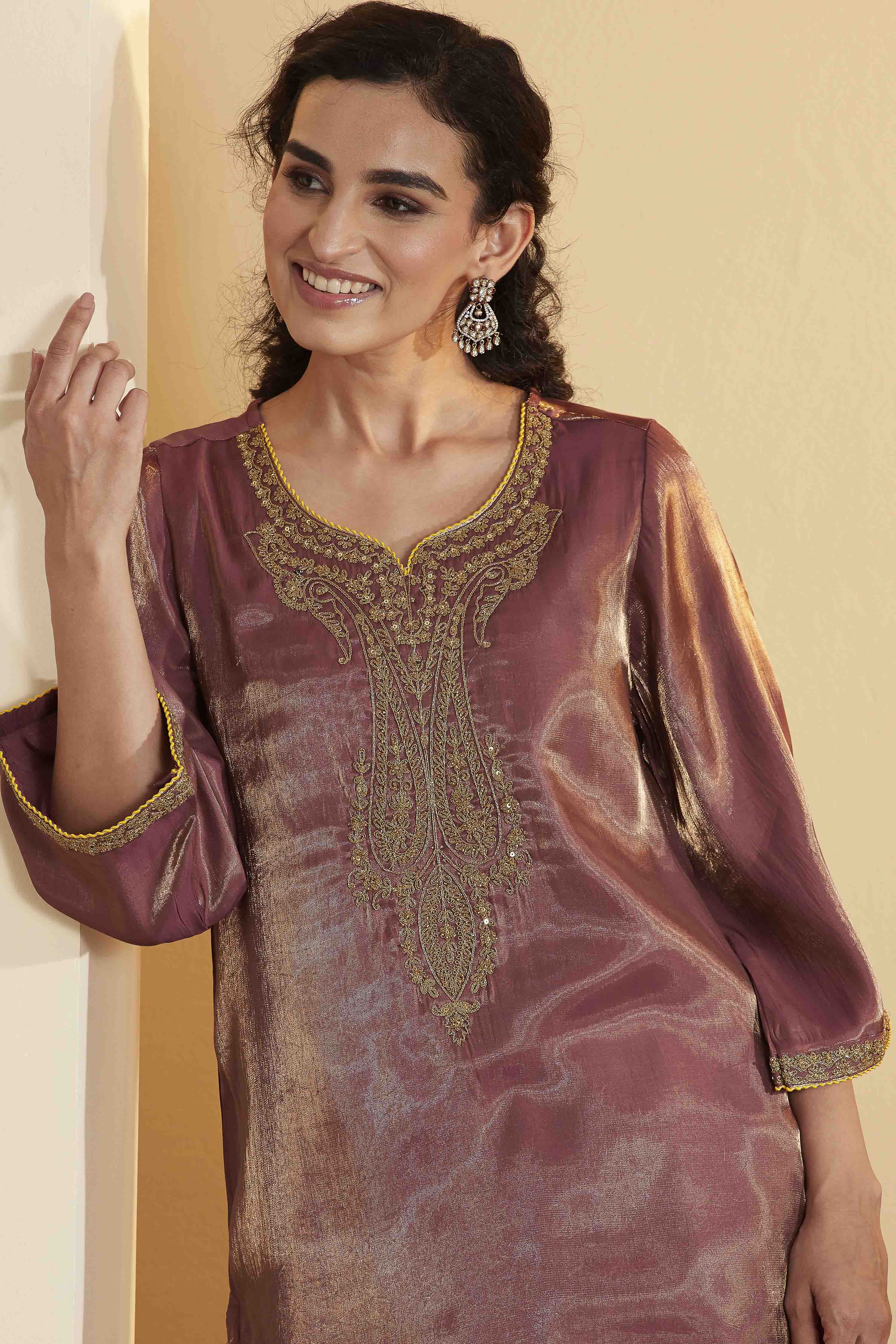 Old Rose Viscose Poly Yoke Design Straight Kurta image number 1