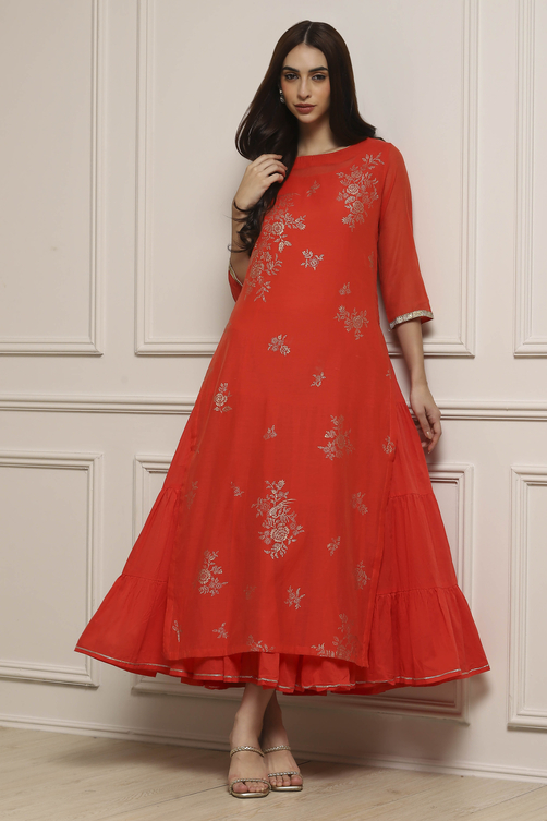 Buy Tomato Red Poly Cotton Printed Kurta Dress Online at Biba Global Buy Tomato Red Poly Cotton Printed Kurta Dress Online at Biba Global