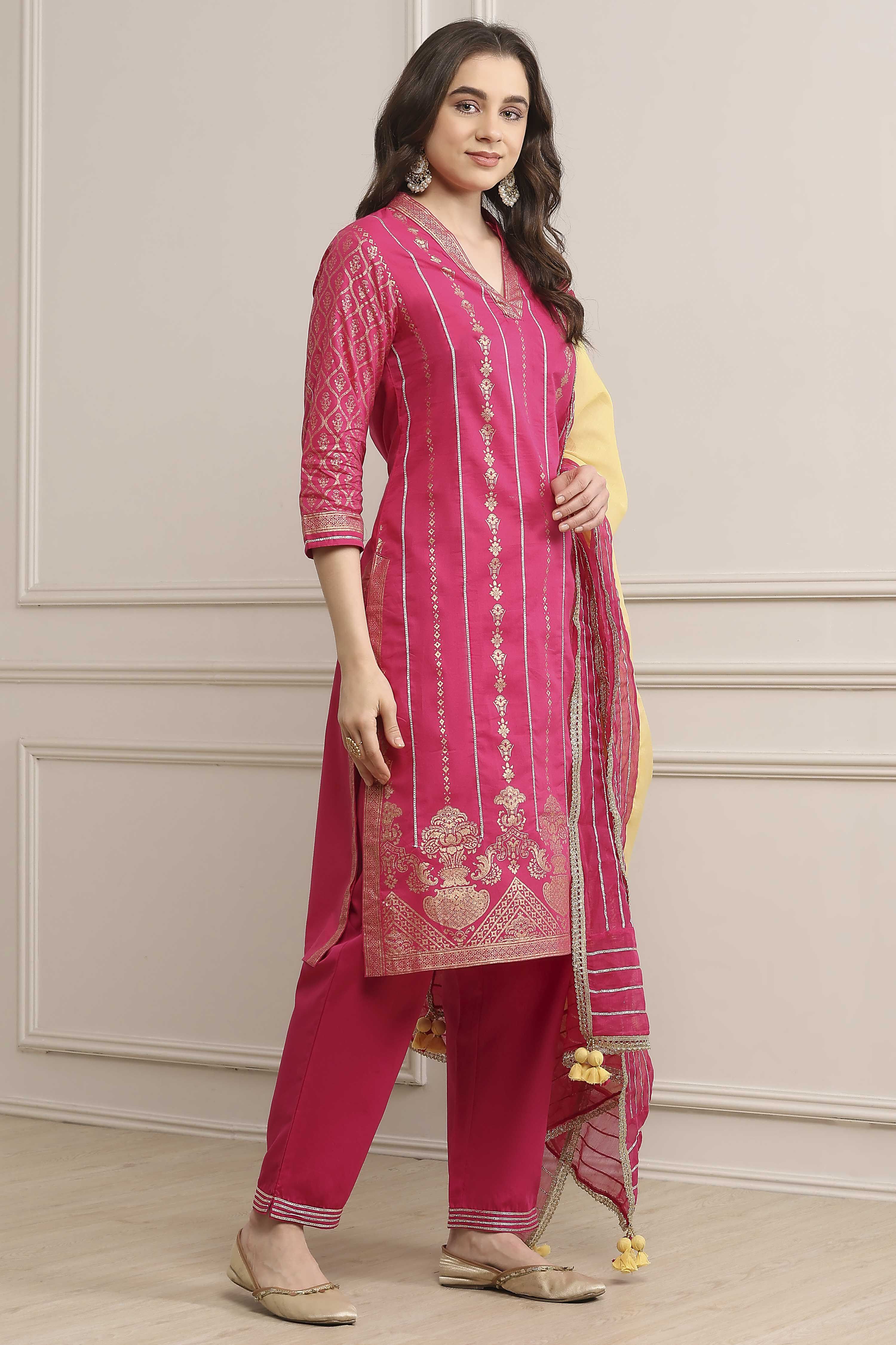 Fuchsia Cotton Straight Kurta Pants Suit Set image number 5