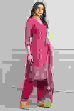 Fuchsia Cotton Straight Kurta Pants Suit Set image number 5