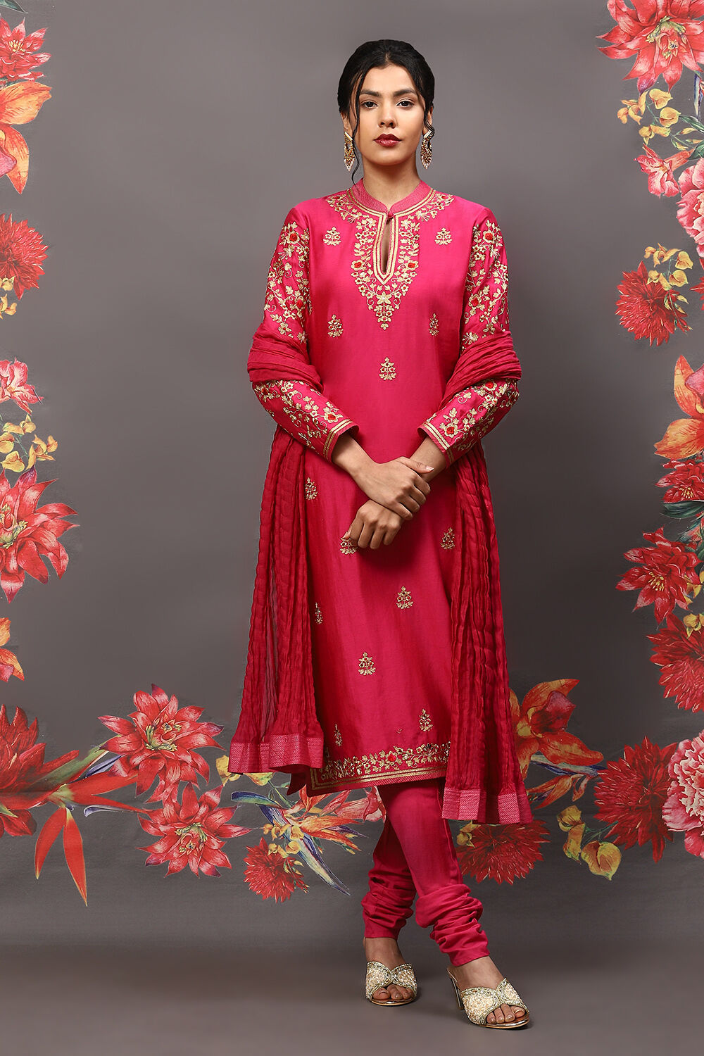 Fuschia Cotton Blend Straight Kurta Suit Set image number 7