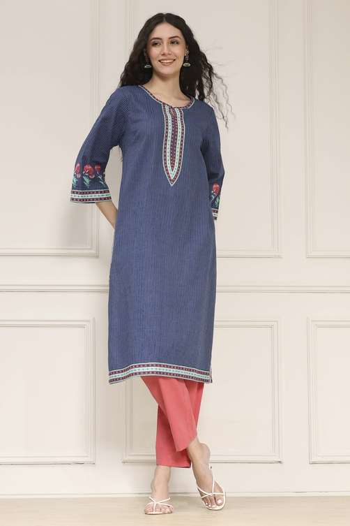 Indigo Blue Cotton Printed Straight Kurta image number 0