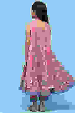 Pink Cotton Tiered Kurta With Palazzo & Net Dupatta  image number 5