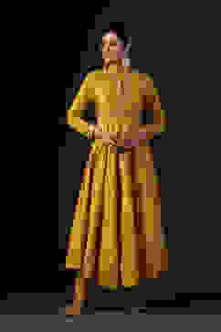 Rohit Bal Mustard Cotton Silk Anarkali Printed Suit Set image number 7